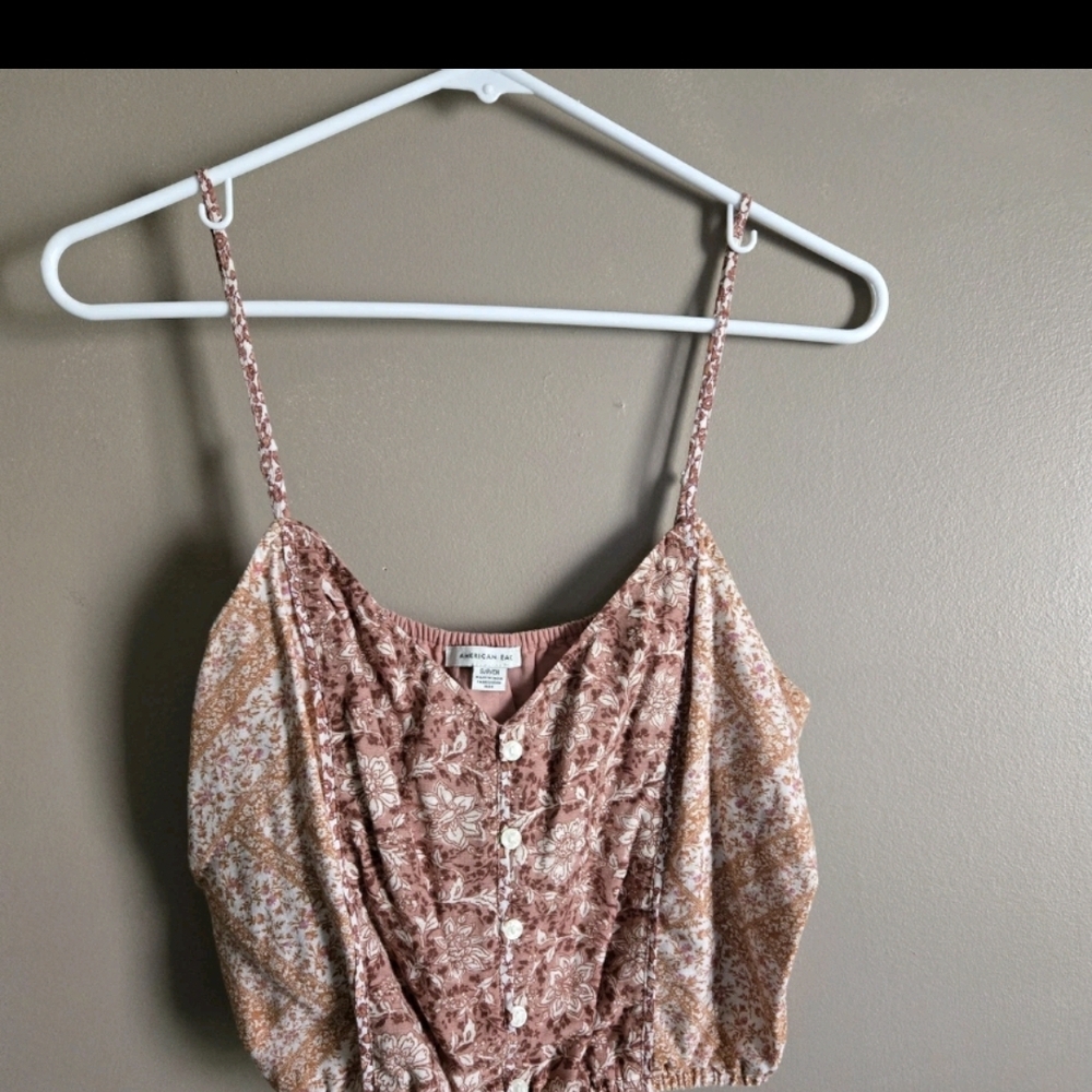 American Eagle Outfitters Pink Floral Button-Front Crop Top.